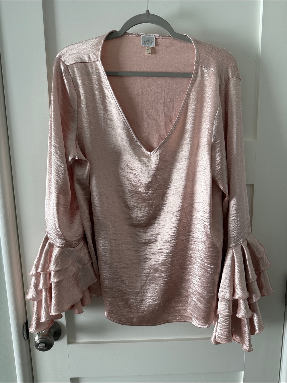 Cupio Blush Satin V-Neck Ruffle Tier Sleeve Top